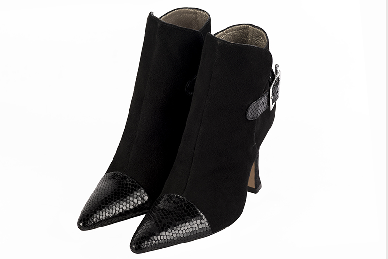 Women's satin black and matt black elegant ankle boots, with buckles at the back. Tapered toe. High spool heels - Front view